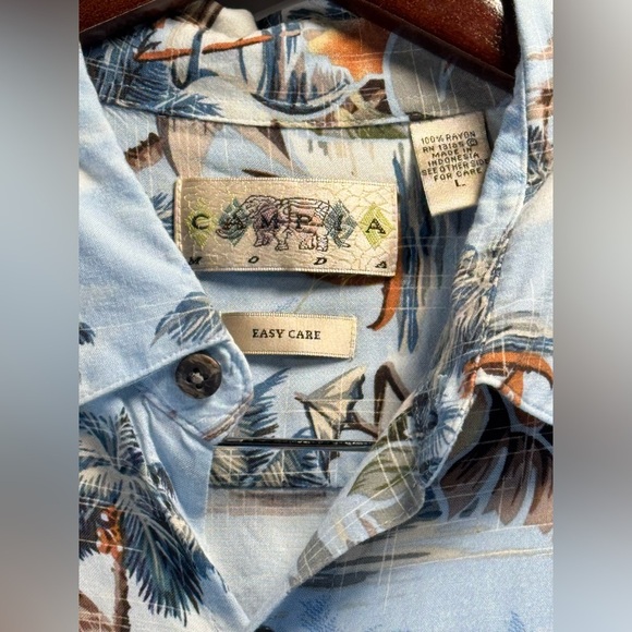 Campia Moda Men's Hawaiian Button Shirt L 100% Rayón All Over Boats Palm Trees - Picture 2 of 8